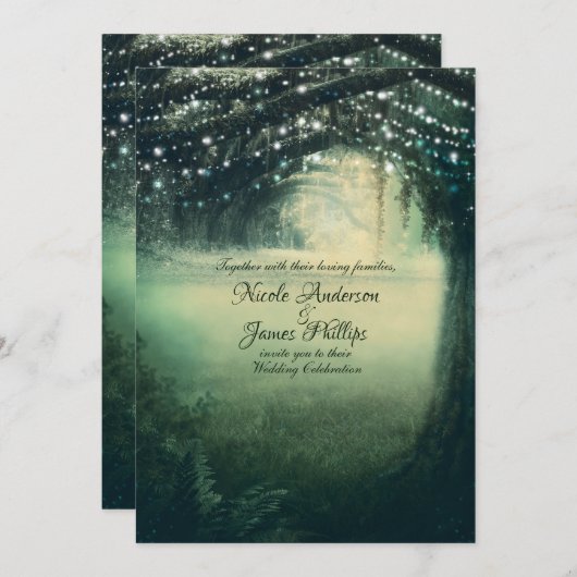 Invitation Lumières bleu vert forêt enchantée Mariage rustiqu (Devant / Derrière)