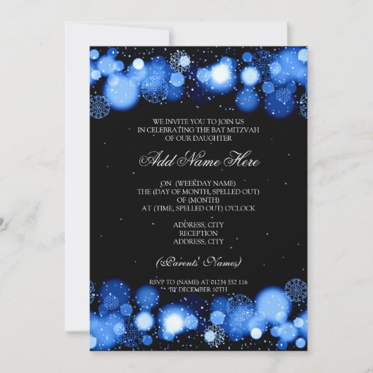 Invitation Lumières bleues de flocons de neige de bat mitzvah (Devant)