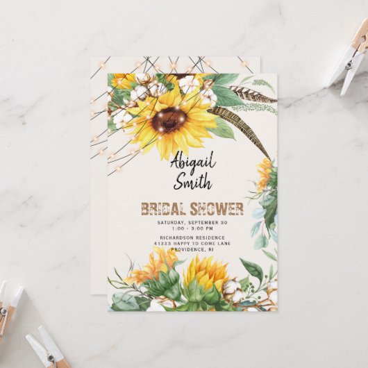 Invitation Lumières Bohème Rustique Fête de Mariage Tournesol (Devant/Arrière en situation)