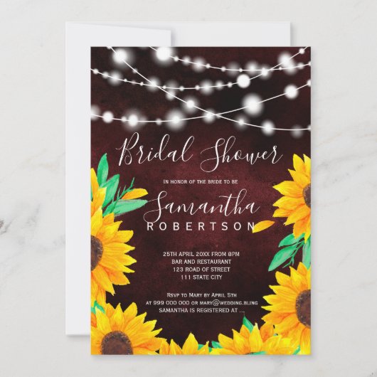 Invitation Lumières bordeaux rustiques tournesols douche nupt (Devant)