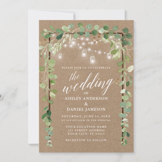 Invitation Lumières botaniques Calligraphie bois Kraft Mariag (Devant)