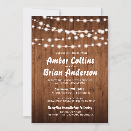Invitation Lumières brillantes Mariage campagnard en bois de (Devant)
