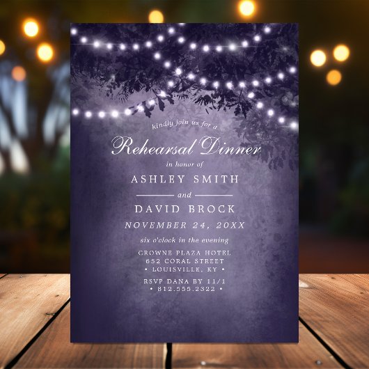 Invitation Lumières de Arbre Rustique Violet pour Dîner de Ré