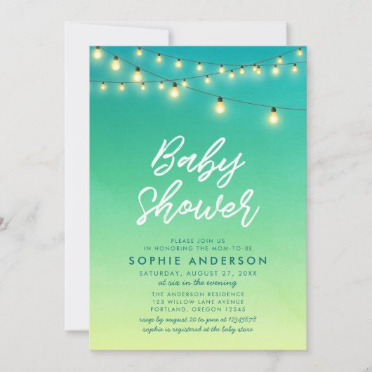 Invitation Lumières de Baby Shower en Verre de Mer Aquarelle (Devant)