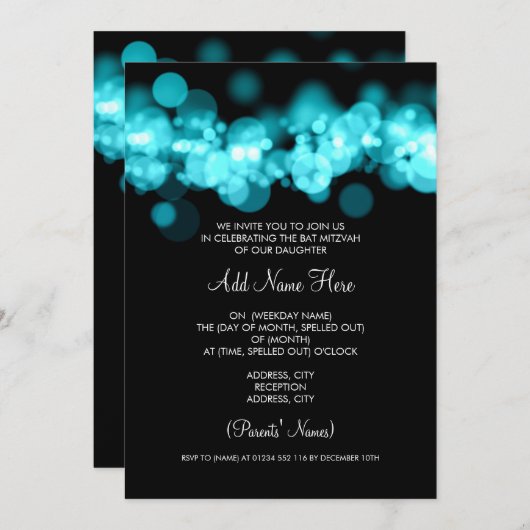 Invitation Lumières de Bokeh Turquoise Bat mitzvah (Devant / Derrière)