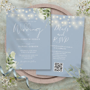 Invitation Lumières de Chaîne Bleu Poussiéreux Floral Code QR