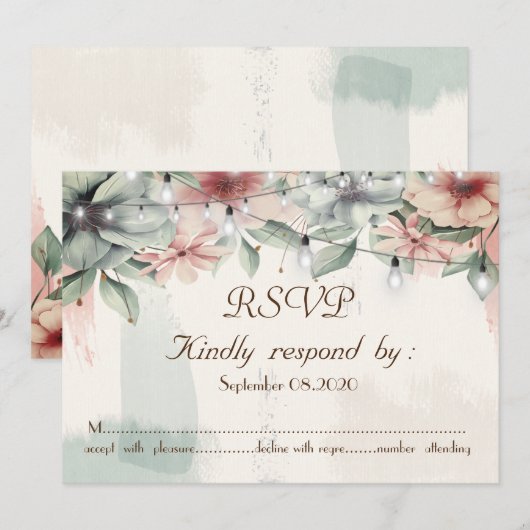 Invitation Lumières de chaîne, coup de pinceau, RSVP floral (Devant / Derrière)