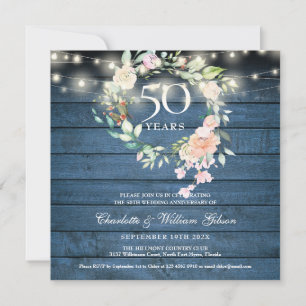 Invitation Lumières de chaîne de 50e anniversaire Floral Bleu