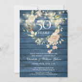 Invitation Lumières de Chaîne de Bois Bleu Floral 50e Anniver (Devant)