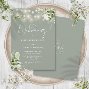 Invitation Lumières de Chaîne de Vert Sauge Floral Monogramme