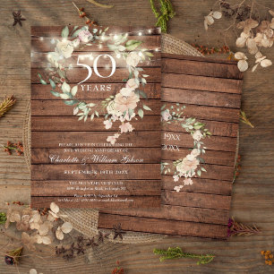 Invitation Lumières de Chaîne en Bois Rustique Floral 50e Ann