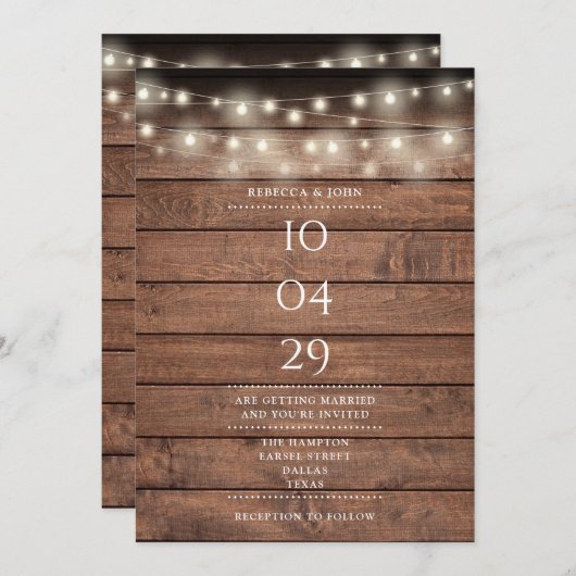 Invitation Lumières de Chaîne en Bois Rustique Mariage Date (Devant / Derrière)