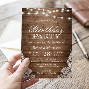 Invitation Lumières de Chaîne en Bois Rustique pour Anniversa