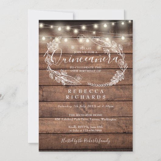 Invitation Lumières de Chaîne en Bois Rustique Script Quincea (Devant)