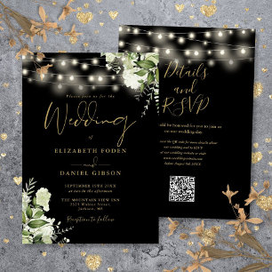 Invitation Lumières de chaîne en or noir Code QR Floral Maria