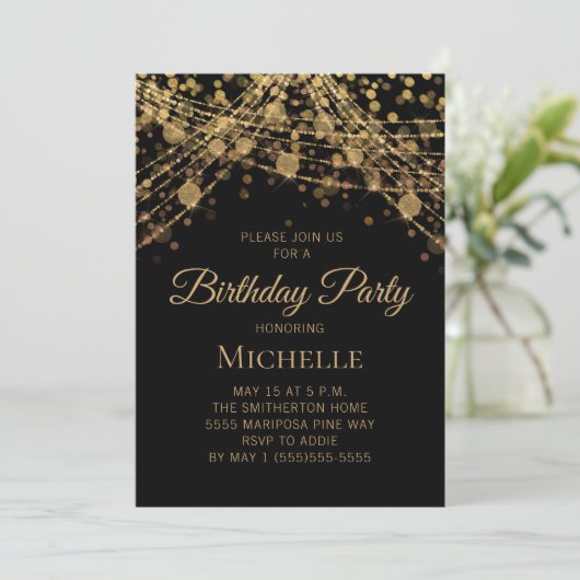 Invitation Lumières de chaîne en or noir pour l'anniversaire  (Debout devant)
