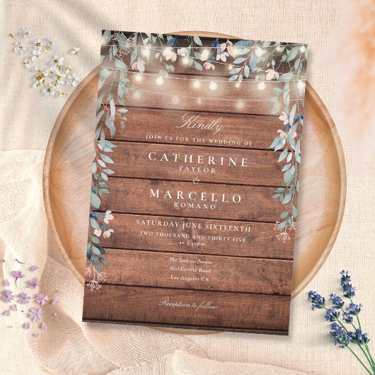 Invitation Lumières de Chaîne Florales Mariage Bois Rustique