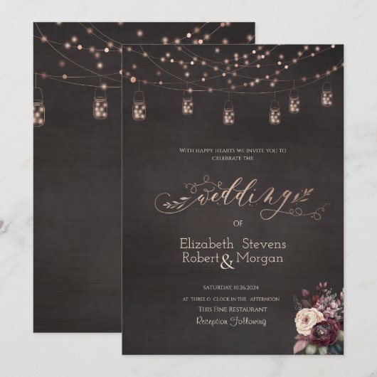 Invitation Lumières de chaîne rustiques Roses Jar Mariage (Devant / Derrière)