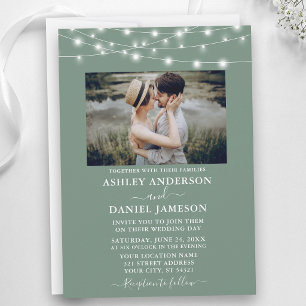 Invitation Lumières de Chaîne Vert Sage Moderne Photo Mariage