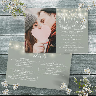 Invitation Lumières de Chaîne Vert Sauge Photo Mariage Tout E