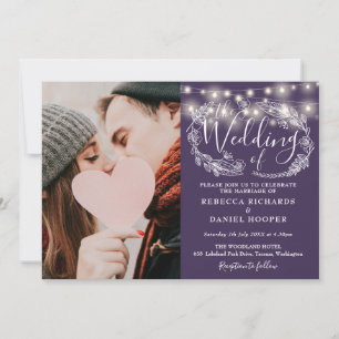 Invitation Lumières de chaîne violettes Photo de mariage flor