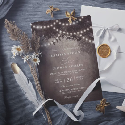 Invitation Lumières de corde d'arbre rustique marron Code QR