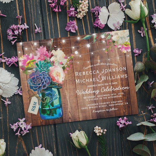Invitation Lumières de corde de pot de maçon rustique Fleurs