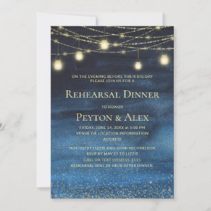 Invitation Lumières de corde dorée bleue de marine moderne po