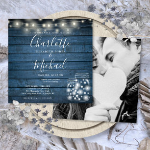 Invitation Lumières de corde en bois bleu Mariage Photo pot M