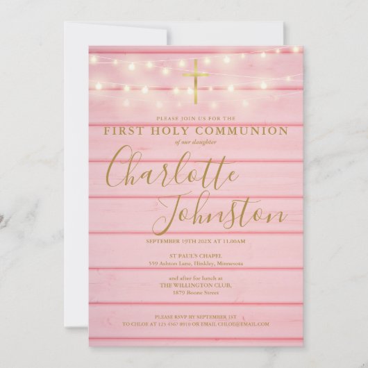 Invitation Lumières de corde en bois rose Première Sainte Com (Devant)