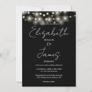 Invitation Lumières de corde noir et blanc Mariage chic scrip