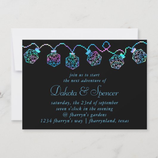 Invitation Lumières de dés Holo RPG | Mariage PnP 20 faces (Devant)