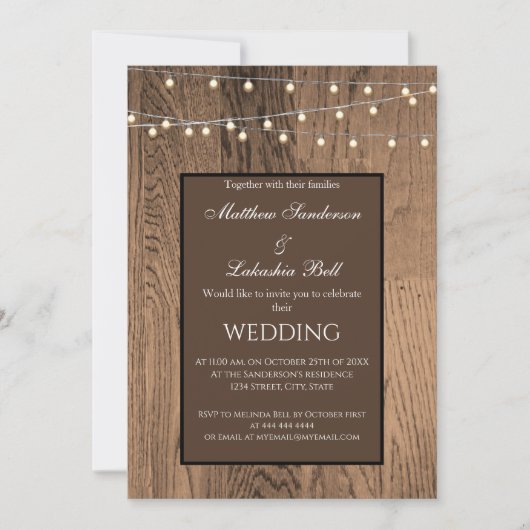 Invitation Lumières de fées rustiques en bois mariage (Devant)