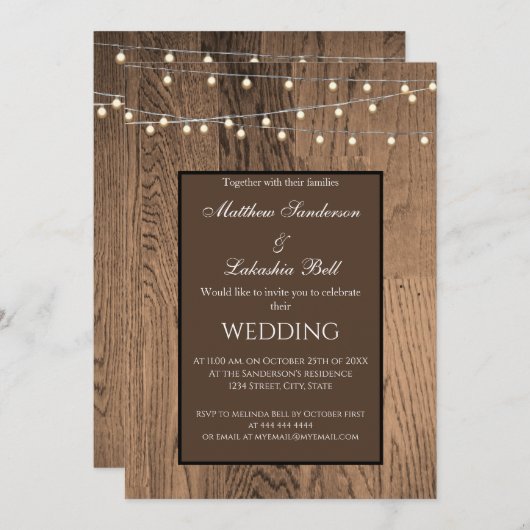 Invitation Lumières de fées rustiques en bois mariage (Devant / Derrière)