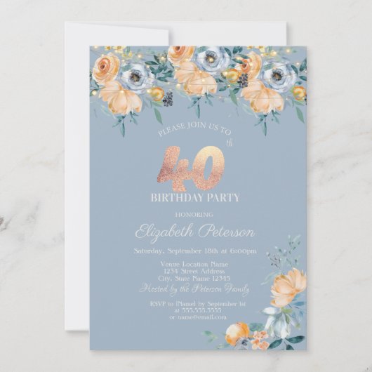 Invitation Lumières de ficelle de roses bleu poussiéreux 40e  (Devant)