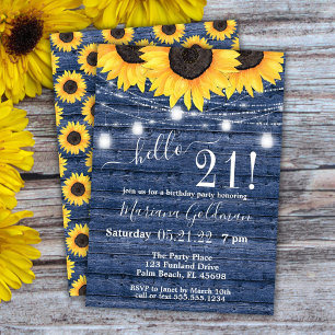 Invitation Lumières de ficelle de tournesols Bleu 21e Anniver