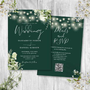 Invitation Lumières de ficelle émeraude Code QR Floral Mariag