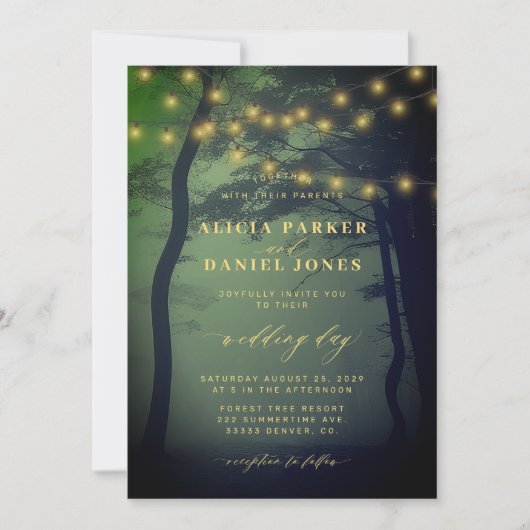 Invitation Lumières de forêt enchantées mariage or vert (Devant)