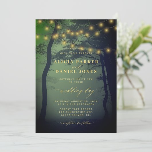 Invitation Lumières de forêt enchantées mariage or vert (Debout devant)