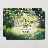 Invitation Lumières de forêt enchantées vert rustique doux 16 (Devant / Derrière)
