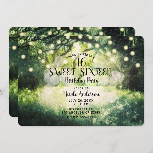 Invitation Lumières de forêt enchantées vert rustique doux 16 (Devant / Derrière)