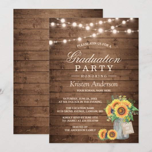 Invitation Lumières de guirlande de tournesols rustiques Fête (Devant / Derrière)