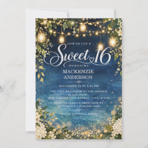 Invitation Lumières de jardin bleu marine Floral Sweet 16