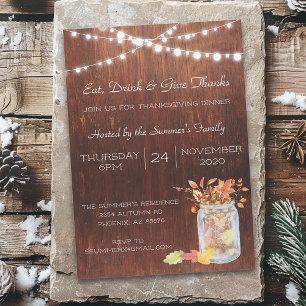 Invitation Lumières de jarre de maçon de Thanksgiving Bois Ru