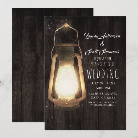 Invitation Lumières de lanterne rustiques en bois de grange m (Devant / Derrière)