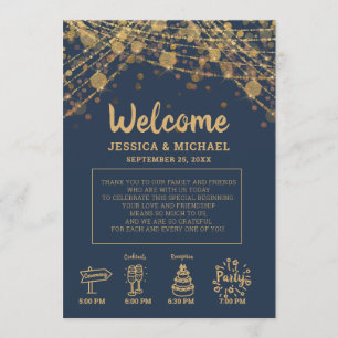 Invitation Lumières de mariage à ficelle dorée et bleue marin