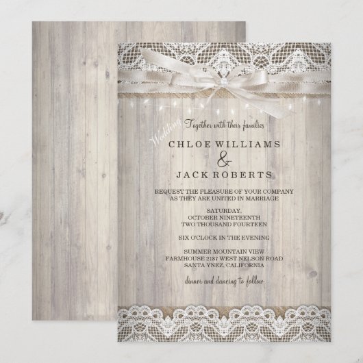 Invitation Lumières de Mariage en dentelle Vintage rustique (Devant / Derrière)