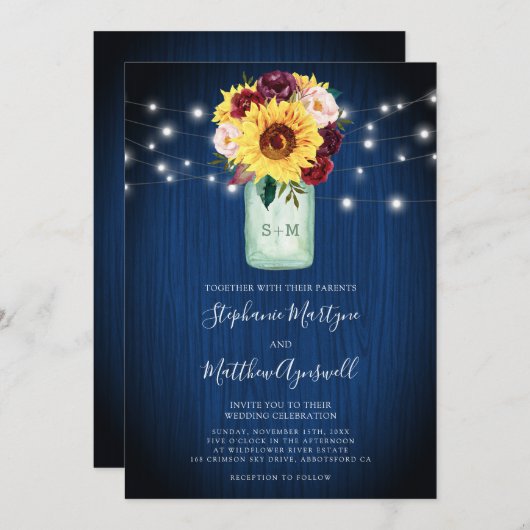 Invitation Lumières de mariage en pot Mason bleu marine tourn (Devant / Derrière)