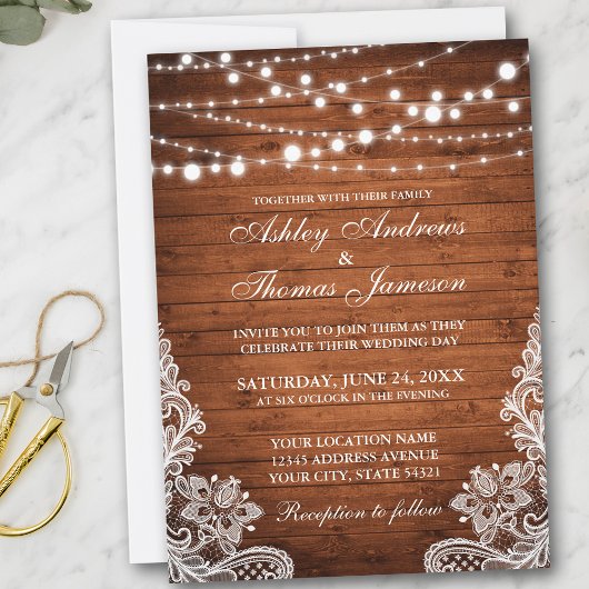 Invitation Lumières de mariage rustiques en bois et ficelle I