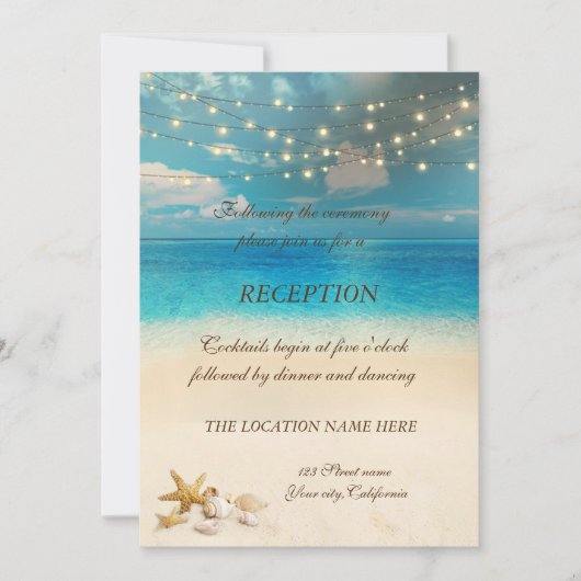 Invitation Lumières de mariage sur la plage Coquillages Récep (Devant)